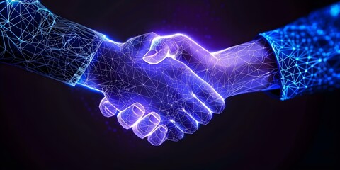 Glowing blue wireframe abstract low-polygon image of a business handshake. Concept Technology, Business, Abstract Art