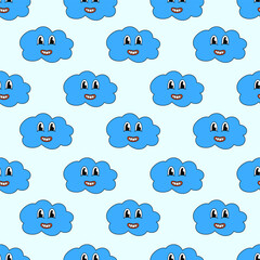 Retro 70s 60s 80s Hippie Groovy Seamless Pattern with cute Blue Cloud. Smiling face background. Vector illustration.