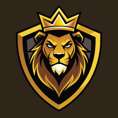 Obraz premium A lion wearing a gold crown on its head symbolizing royalty and strength, Lion head shield logo icon. Royal gold crown badge symbol