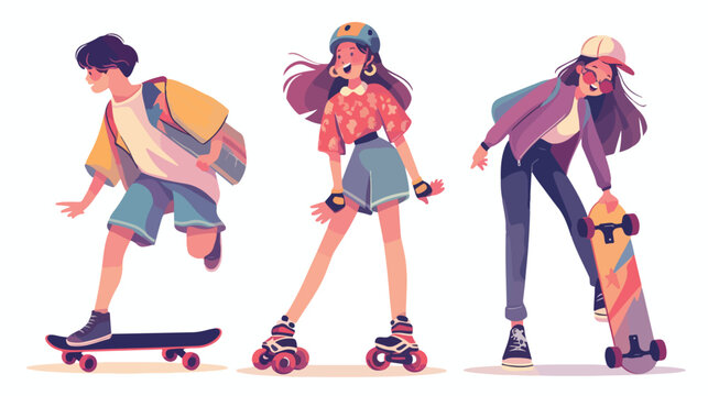 Girl woman riding roller skates and boy man standin