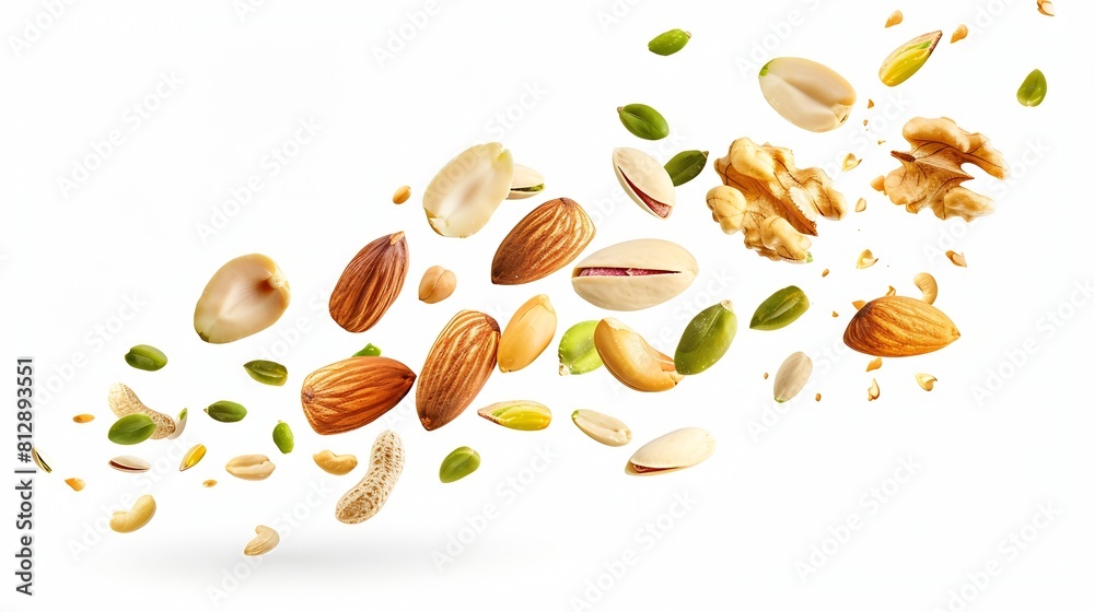 Poster Peeled peanut hazelnut green pumpkin seeds pistachio cashew walnut and almond isolated on white background Nuts flying for vertical layout Package design element with clipping path : Generative AI