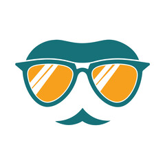 Sunglasses adorned with a mustache and a smaller mustache below, creating a quirky and fashionable accessory, Make a minimalist logo showcasing a chic pair of sunglasses