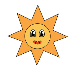 Retro Hippie Groovy Sun smiling. Cartoon summer element. Vector illustration.
