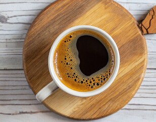 mug with coffee on a wooden stand with a cookie, photo from above