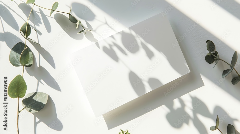 Aufkleber empty paper card and eucalyptus branches on the white table natural sunlight with trendy shadows min