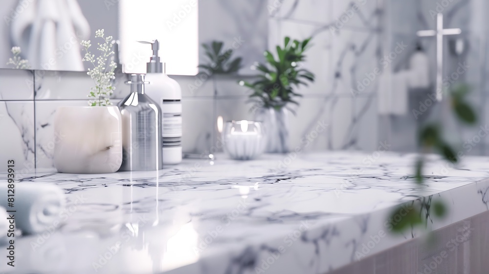 Poster Marble counter table top in bath room background can be used mock up for montage products display or design layout : Generative AI