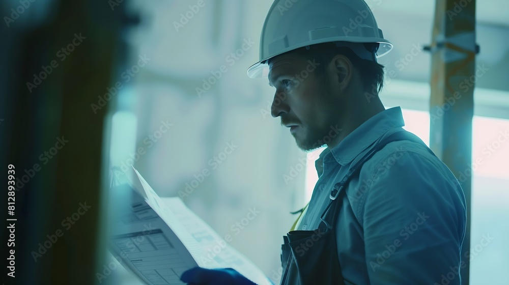 Poster portrait of an architect builder studying layout plan of the rooms serious civil engineer working wi