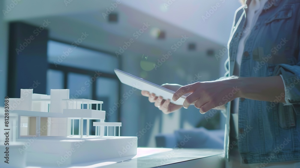 Poster Real estate agent with client or architect team discussing a housing model and its blueprints digitally using a tablet computer : Generative AI