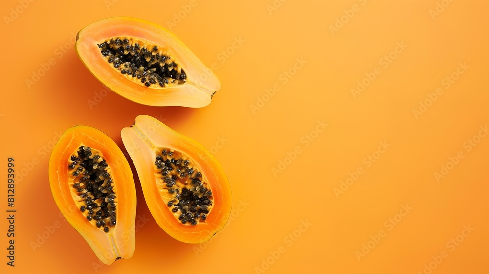 Poster cut papaya over orange table background for tropical fruit design concept top view copy space : gene