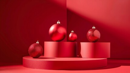 Red podium for christmas product display on red background Product display stand Christmas baubles decoration : Generative AI
