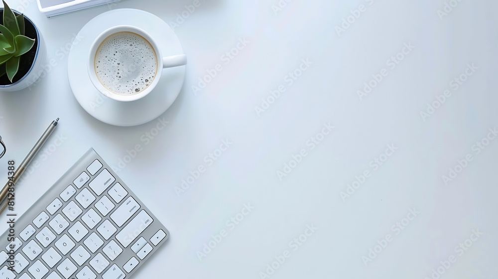 Aufkleber top view above of white office desk table with keyboard computer notebook and coffee cup with equipm