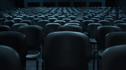 Obraz premium Rows of black chairs stand in the auditorium for the audience : Generative AI