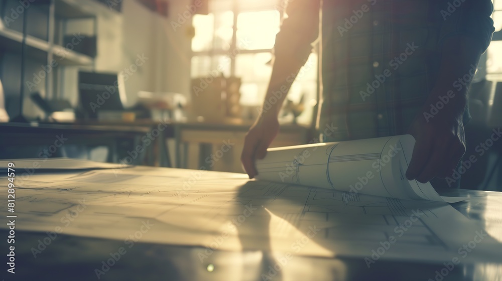 Poster architect concept architects working with blueprints in the office vintage effect : generative ai