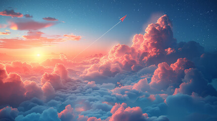 A majestic plane soars gracefully above a sea of clouds, illuminated by the warm hues of the setting sun, a breathtaking moment captured in time. - Powered by Adobe