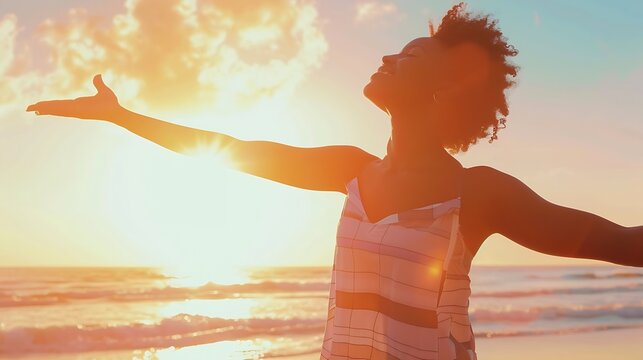 Healthy black woman standing on the beach with copy space Happy young african american woman with open arms at seaside Freedom girl dancing and daydreaming at beach during summer vacat : Generative AI