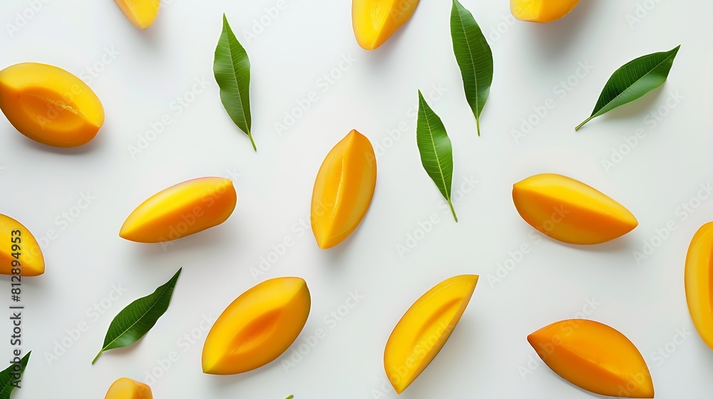 Poster creative layout made of mango on the white background flat lay food concept : generative ai