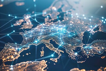 Digital Map of Europe with Global Network Connections,Global Network Overlay on European Digital Map