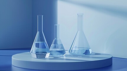 Minimal concept with lab equipment  erlenmeyer flasks boiling flasks and petri dish containing liquid Transparent podium and ribbed acrylic sheets on blue background Space for display  : Generative AI