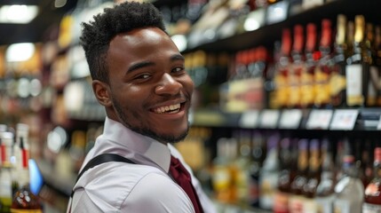 Smiling Liquor store attendant posing looking at the camera hyper realistic 