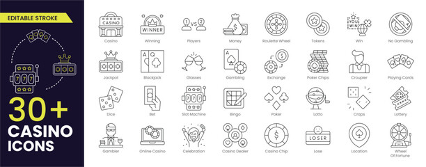 Casino Stroke icon collections. Containing bingo, croupier, dices, poker cards, door, playing cards, casino roulette, gift, poker table, chip, dice, poker chip, card. Editable Outline icon collection.