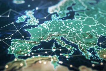 Digital Map of Europe with Global Network Connections,Global Network Overlay on European Digital Map