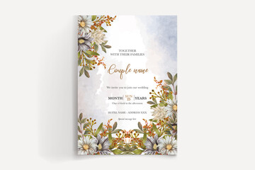 WEDDING INVITATION FRAME WITH FLOWER DECORATIONS AND FRESH LEAVES