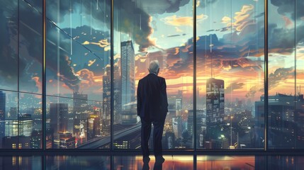 The back of old business man in office look forward to city and skyscraper. hyper realistic 