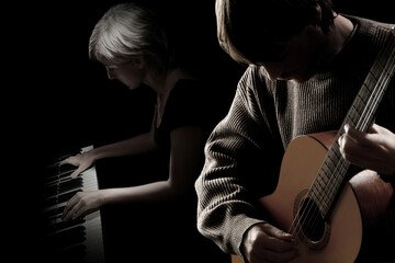 Acoustic guitar piano player. Classical guitarist and pianist musicians playing chamber music...