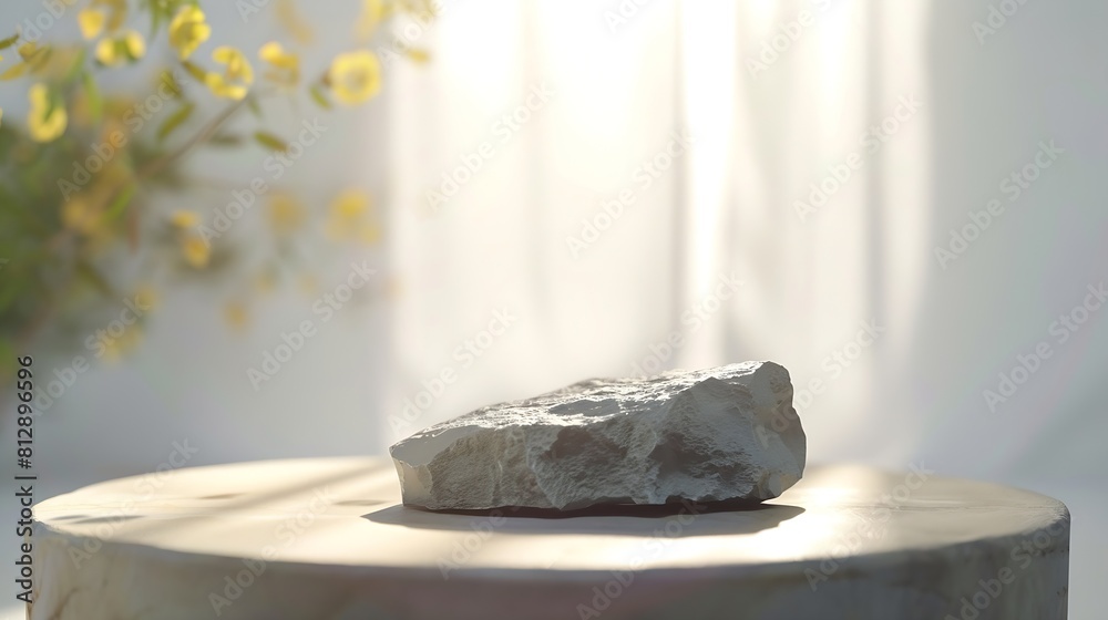 Poster product display podium rock stone with blurred background with sunlight shadow : generative ai