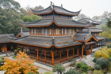 Fototapeta premium Elegant wooden chinese building with ornate roof and autumn trees