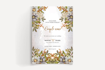 WEDDING INVITATION FRAME WITH FLOWER DECORATIONS AND FRESH LEAVES