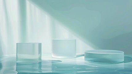 Three transparent podiums in round and cylinder shaped displayed on the water Empty space to show your goods or beauty product : Generative AI