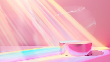 Abstract minimal scene  empty stage cylinder podium on soft pink background with rainbow crystal light refraction sparkles Pedestal for cosmetic product and packaging mockups display p : Generative AI