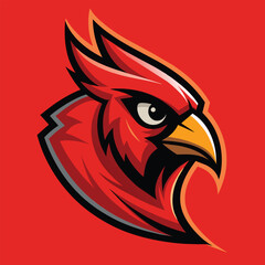 A sleek red bird with a yellow beak standing against a vibrant red background, Sleek Cardinal Mascot Logo