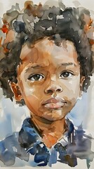 Watercolor Portrait of a Happy Six-Year-Old African American Boy


