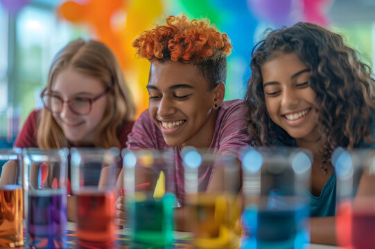 LGBT youth in school, collaborating on a science project in a colorful classroom. AI generated.