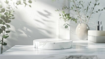 Marble white podium on table for bathing product display on blur bathroom sink background : Generative AI