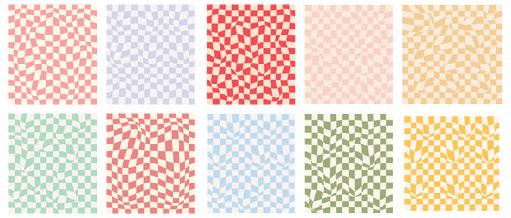 Groovy hippie 70s backgrounds. Checkerboard, chessboard, mesh, waves patterns. Twisted and distorted vector texture in trendy retro psychedelic style. Y2k aesthetic. eps 10