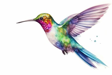 Obraz premium A tiny watercolor of a colorful hummingbird in flight, capturing its delicate motion isolated white background