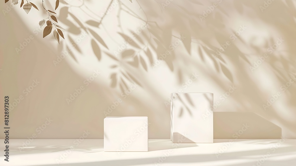 Leinwandbilder abstract minimal nature scene empty stage with three white rectangle podiums on beige background and
