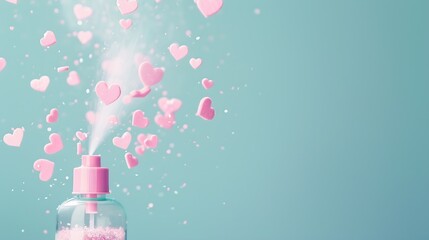 Creative Valentines or romantic concept with dispenser bottle spraying pink hearts on a pastel blue...