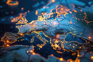 Digital Map of Europe with Global Network Connections,Global Network Overlay on European Digital Map