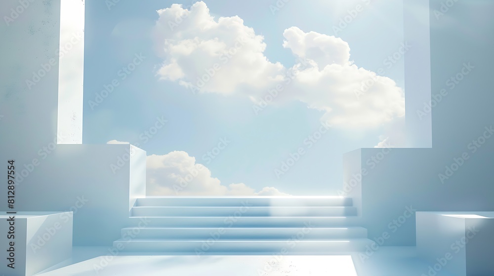 Aufkleber Front view of white podium and stairway with blank space in blue cloudy sky background abstract content : Generative AI