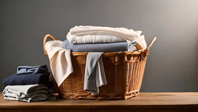 Wicker Basket Filled With Clothes and Towels Generative AI