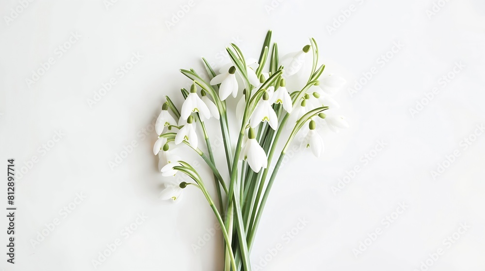 Poster Snowdrop spring first flowers bouquet isolated on white background Hello spring Creative layout Top view flat lay Design element Springtime greeting card Easter holiday concept : Generative AI