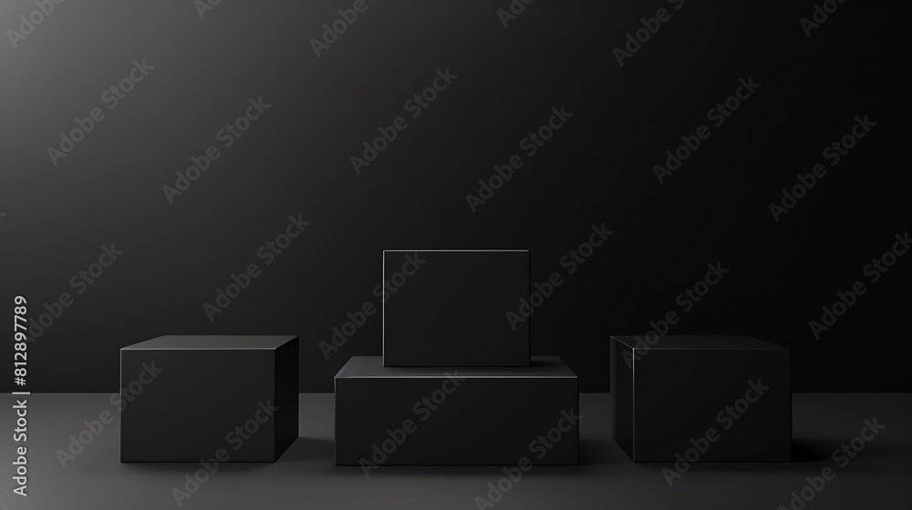 Poster Three black square stands of different heights on black background Platforms for presentation of products and cosmetics Concept of the beauty industry 3d podium made of geometric shape : Generative AI