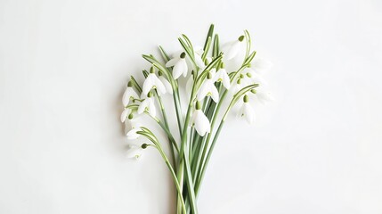 Snowdrop spring first flowers bouquet isolated on white background Hello spring Creative layout Top view flat lay Design element Springtime greeting card Easter holiday concept : Generative AI