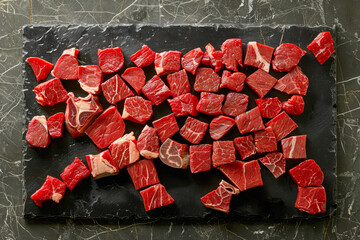 Raw Meat Map on Black Slate Background