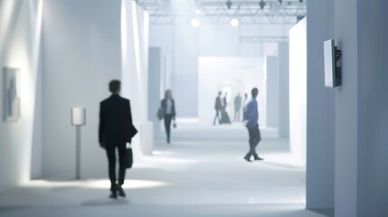 business people walking between trade show booths ideal for websites and magazines layouts : Generative AI