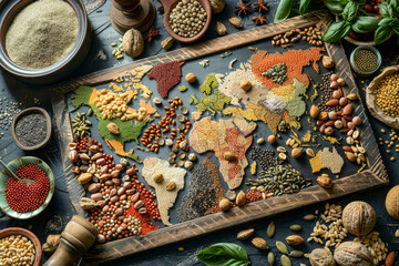 World Map Made of Various Grains and Spices